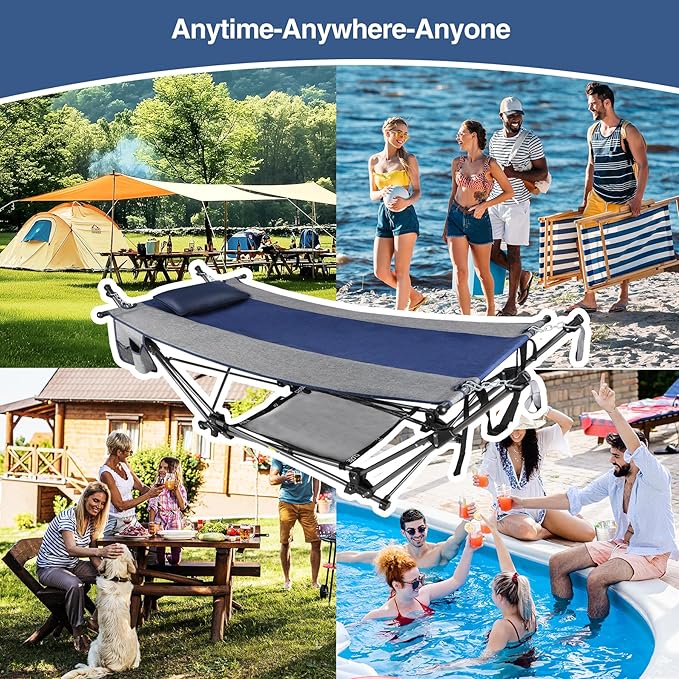 RedSwing Portable Folding Hammock with Stand,Foldable Camping Hammock with Removable Pillow,Storage Net,Foldable Lounge Camping Bed for Adults for Outdoor,Backyard,Beach,Garden,Lawn