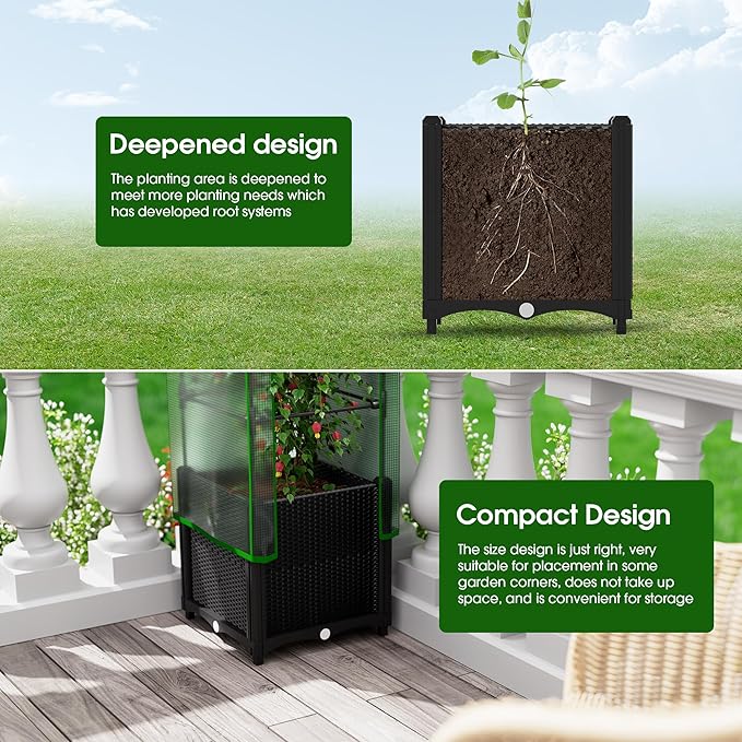 Onelike 16'' x 16'' x 55.5'' Plastic Raised Garden Bed with Greenhouse Cover and Trellis, Vertical Tomato Planters for Climbing Plants, Self Watering System Tomatoes Cage for Patio,Black,Small