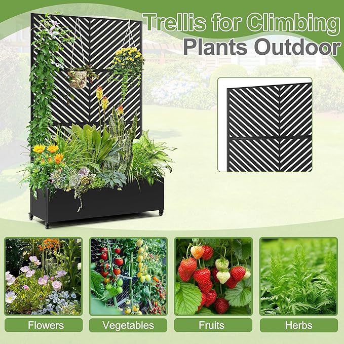 Raised Garden Bed with Trellis and Wheels,73"x47"x16" Metal Raised Garden Bed,Black Parallel Metal Planter with Climbing Trellis for Vines & Vegetables