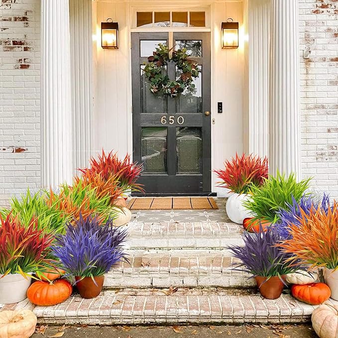 Outdoor Artificial Plants 8 Bundles Fake Plants Grass UV Resistant Fake Flowers Bush Greenery,17Inch Tall Faux Grass Shrubs for Home Porch Pathway Garden Décor Outside Indoor (Green)