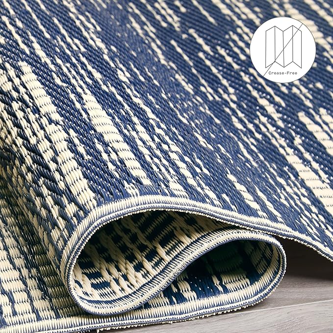 Fab Habitat Abstract Distressed Stripes Outdoor Rug - Waterproof, Fade Resistant, Crease-Free, Reversible - Premium Recycled Plastic - Patio Porch Balcony Deck - Brooklyn Blue - 8x10 ft