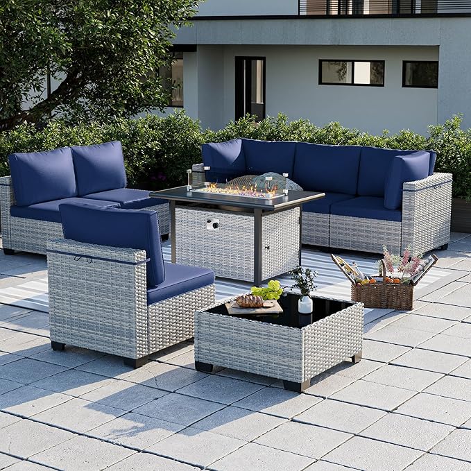 8-Piece Modern Patio Furniture Set with 55,000 BTU Fire Pit Table, Thick Cushions, Dual-Strand Wicker Rattan, Rust-Resistant Frame, Navy Blue