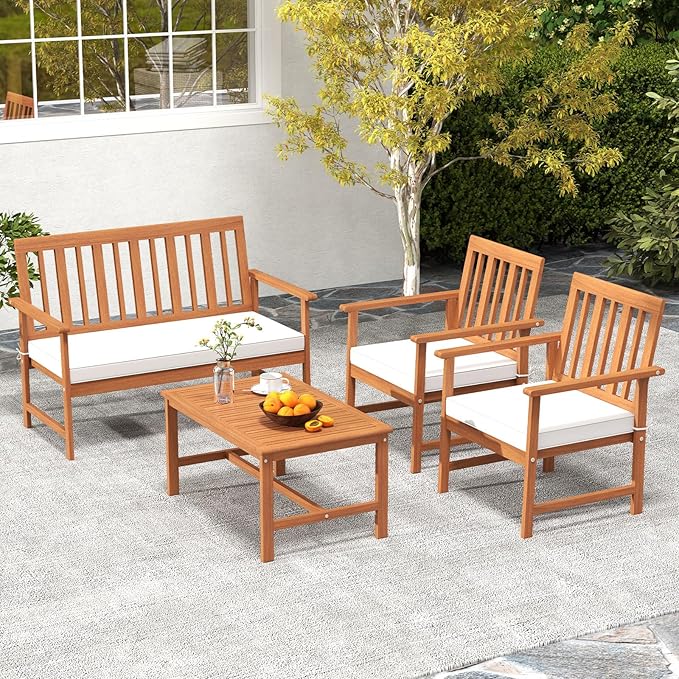 Tangkula 4-Piece Acacia Wood Patio Conversation Set, Outdoor Furniture Set with 2 Armchairs, Loveseat, Coffee Table, Soft Cushions, Slatted Sofa and Chairs Set for Deck, Backyard (Off White,1)