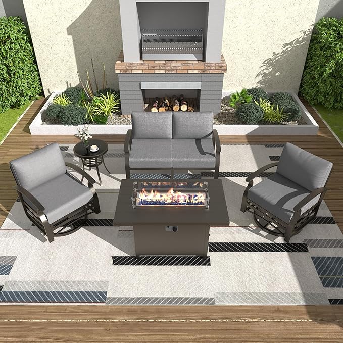 Kurapika Aluminum Patio Furniture Set 4-Seat Modern Metal Outdoor Conversation Sets w/45in Propane Fire Pit Table, Loveseat Sofa,Swivel Rocking Chairs w/5.1 Inch Cushion, Grey