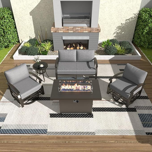 Kurapika Aluminum Patio Furniture Set 4-Seat Modern Metal Outdoor Conversation Sets w/45in Propane Fire Pit Table, Loveseat Sofa,Swivel Rocking Chairs w/5.1 Inch Cushion, Grey