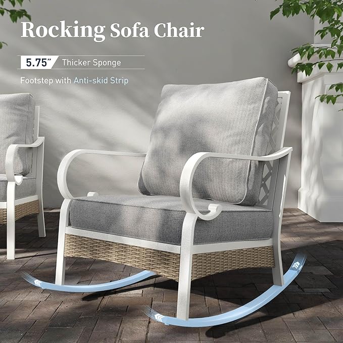 4 PCS Metal Outdoor Patio Furniture Set, Patio Conversation Set 1 3-Seater Sofa, 2 Rocking Chairs with 5.75" Extra Thick Cushion and Coffee Table, White Frame Backyard Furniture, Gray