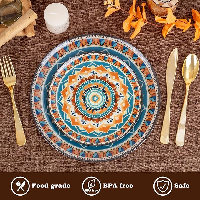 60PCS Bohemian Plastic Plates - Boho Plate Disposable - Vintage Bohemian Style Plate Include 30 Dinner and 30 Dessert Plates for Kitchen Party Decorative