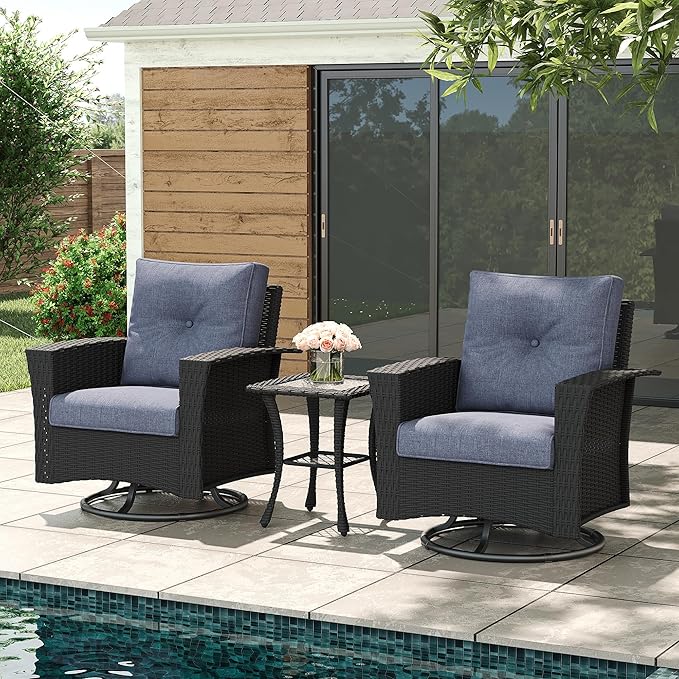 LayinSun 3 Piece Wicker Patio Furniture Set, Classis Outdoor Conversation 360 Degree Swivel Chairs Set with Coffee Table