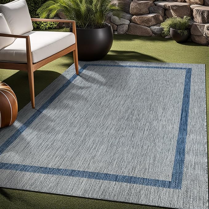 Bordered Outdoor Rug 9x12 Washable Outside Carpet for Indoor Patio Porch Waterproof Easy Cleaning Non Shedding Area Rugs Silver Gray - Blue 9 x 12