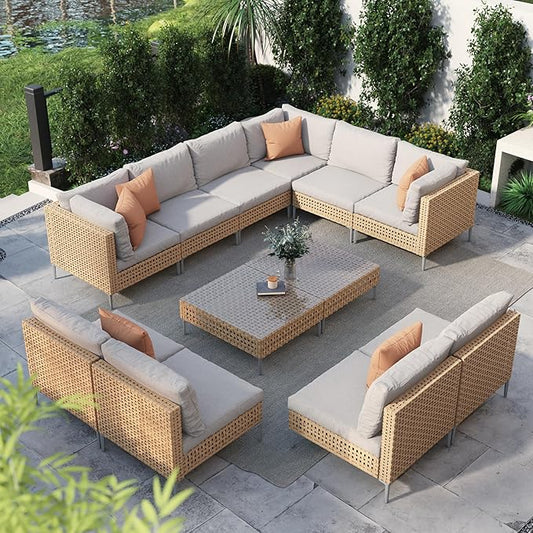 Grand patio 12-Piece Wicker Patio Furniture Set, Boho Outdoor Conversation Set Sectional Sofa with Water Resistant Beige Thick Cushions and Coffee Table, Cream