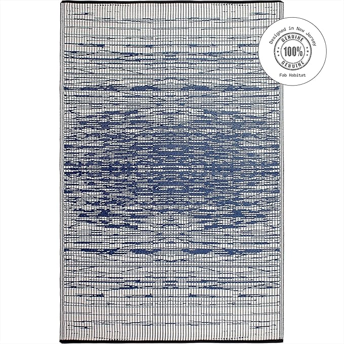 Fab Habitat Outdoor Rug - Waterproof, Fade Resistant, Crease-Free - Premium Recycled Plastic - Distressed Abstract Stripes - Patio, Deck, Porch, Balcony, Laundry Room - Brooklyn - Blue - 4 x 6 ft