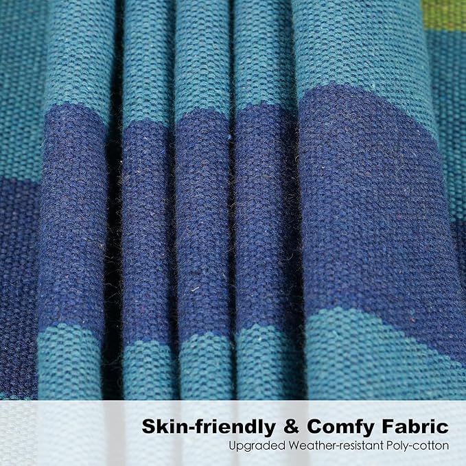 Double Hammock with Stand for Outside, Upgraded Spreader Bar, Heavy Duty Space Saving Steel Stand 2 Person, Side Pockets, Easy Assembly, 600lbs Weight Capacity, Indoor & Outdoor (Green Blue)