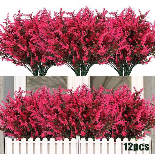 12 Bundles Artificial Flowers for Outdoor Decoration, Spring Decoration UV Resistant Faux Outdoor Plastic Greenery Shrubs Plants Artificial Fake Flowers Hanging Planter Home Garden Decor(Pink)