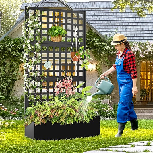 Metal Planter Box with Trellis, Raised Garder Bed with Drainage Hole, Outdoor Privacy Screen & Trellis for Climbing Plants, Plant Stands, 35''L×17''W×71''H, Black