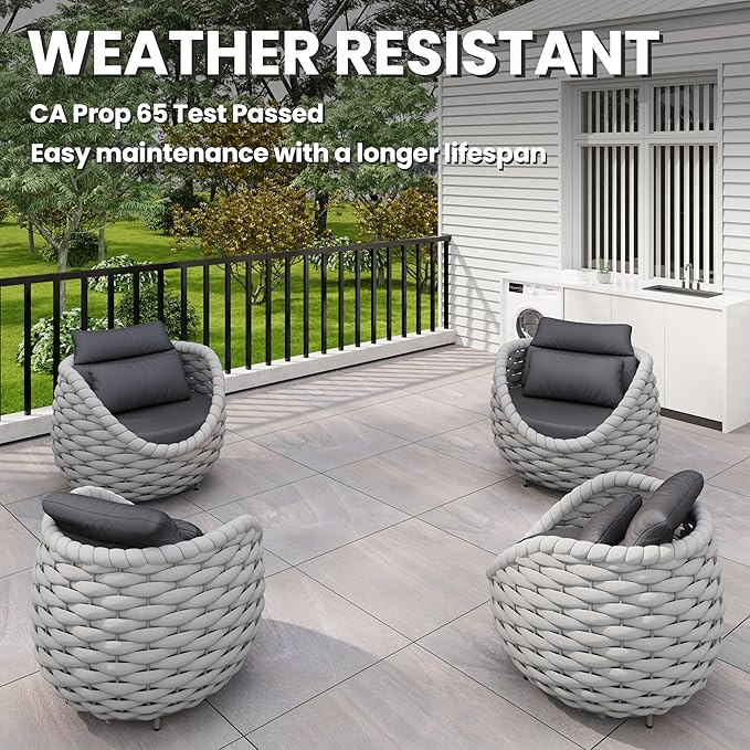 4 PCS Deck Furniture Accent Chair: Aluminum Woven Rope Chair - Outdoor Lounge Armchair Cushioned - Modern Patio Seating Assembled - All Weather for 400lbs Porch Lanai Balcony Yard Garden Hotel