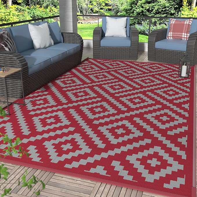 GENIMO Outdoor Rug for Patio Clearance, 6'x9' Reversible Plastic Straw Rugs, Lightweight Waterproof RV Camping Mat for Camper, Balcony, Deck, Backyard, Picnic, Red Grey