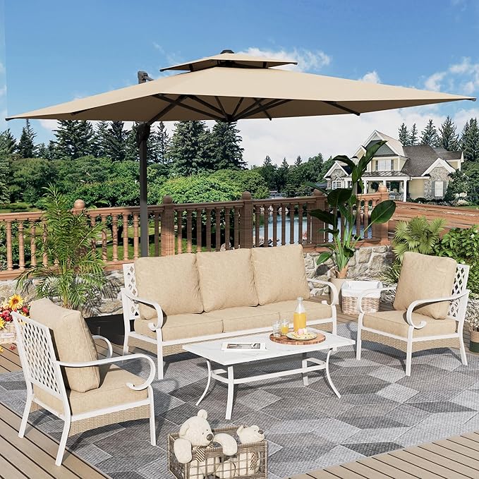 4 Piece Patio Furniture Set, 2 x Fixed Chair, 1 x 3-Seat Sofa with Marbling Coffee Table, All Cushioned 5 Seats Outdoor Conversation Set for Lawn Garden Backyard, Beige