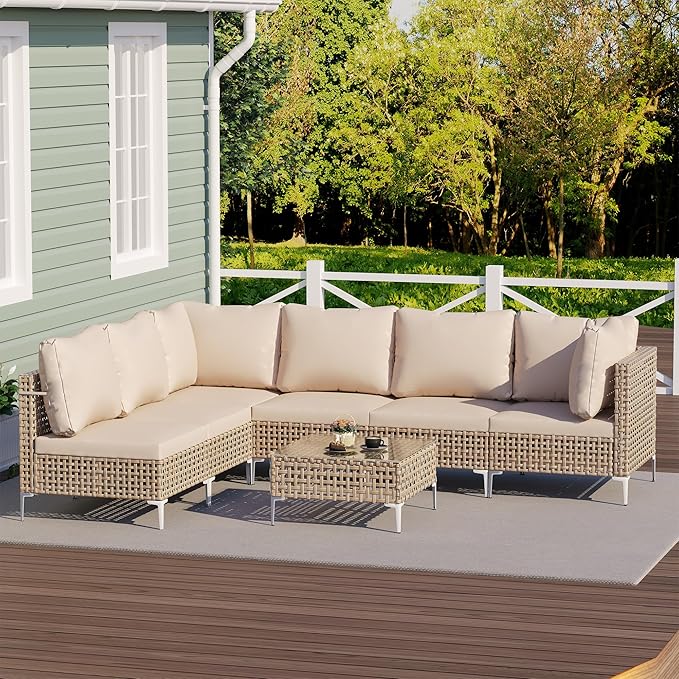 7 Piece Wicker Patio Furniture Set, Outdoor Sectional Sofa Set with Coffee Table and Water-Resistant Thick Cushions for Balcony, Deck, Garden, Backyard(Yellow/Beige)