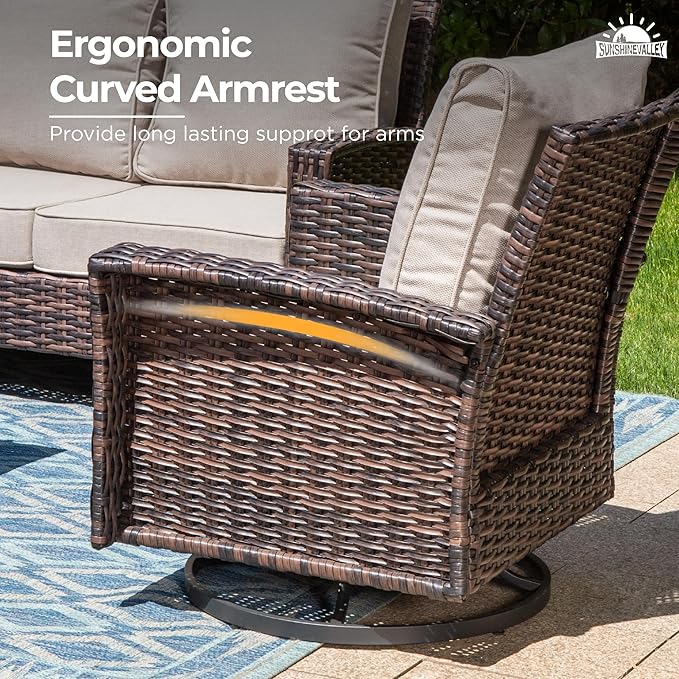 5 Pieces Patio Furniture Set with Swivel Chairs, High Back Wicker Rattan Sofa with Extra Thick Cushion and Ottoman, Outdoor Conversation Set for Garden Backyard Deck,Beige
