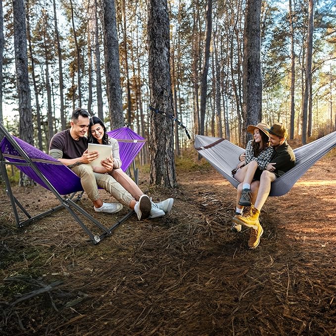 Tranquillo Combo x2 Hammocks with Stand for Outside & Tree Straps, Heavy Duty Hammock with Stand 600lbs for Indoor Outdoor Patio Backyard, x2 Hammocks for 2 Person, Portable Carrying Bags, Purple