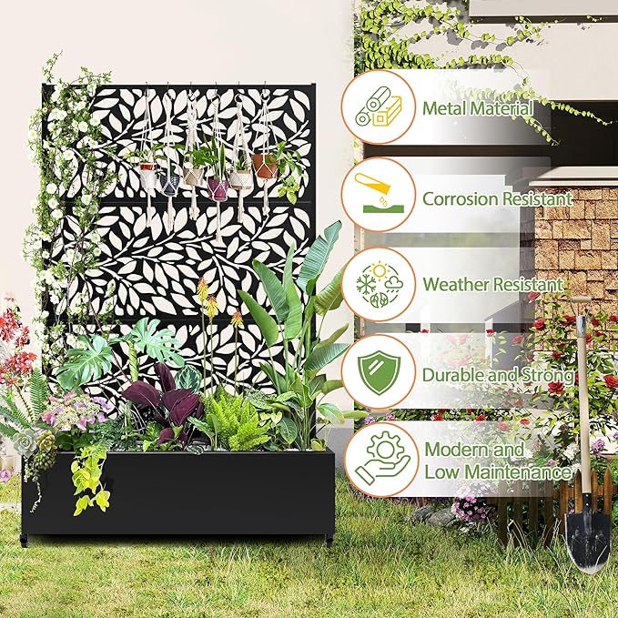 Raised Garden Bed with Trellis and Wheels,73"x47"x16" Metal Raised Garden Bed,Black Flowing Leaf-2 Metal Planter with Climbing Trellis for Vines & Vegetables