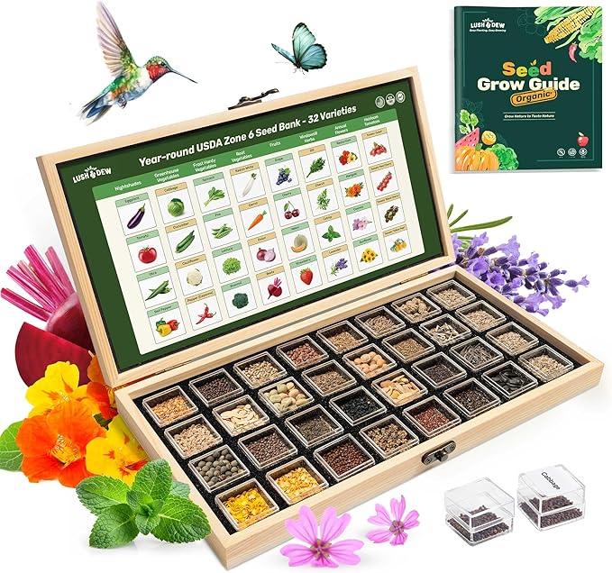 Lush&Dew Year-Round USDA Zone 6 Heirloom Survival Seed Kit, 32 Varieties 32,000+ Seeds for Planting Vegetables Herbs, Gardening Gifts for Women Men, Raised Garden Bed, Greenhouse Indoor Outdoor