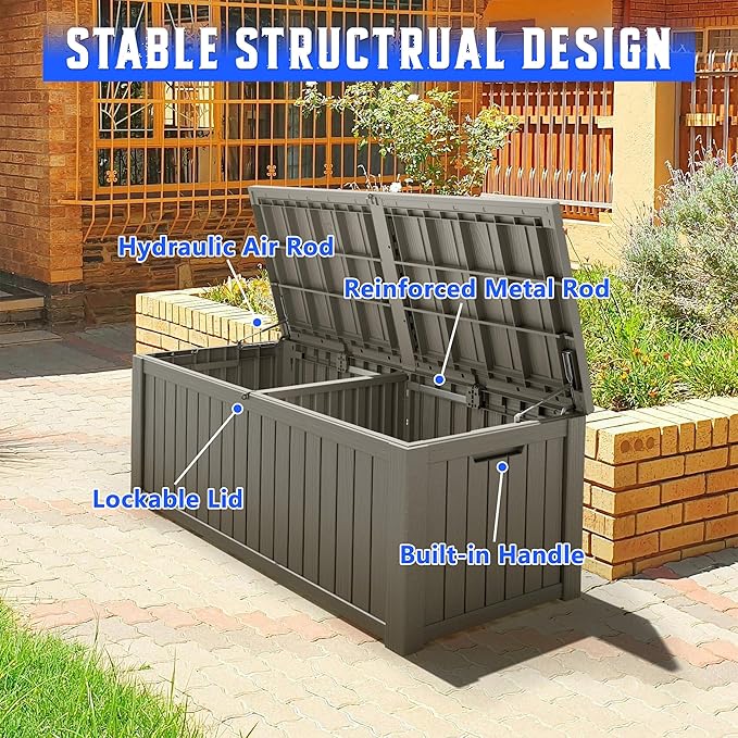 NUNU LAB 180 Gallon Outdoor Storage Box, Large Resin Deck Box with Double Wall Panels, Waterproof Patio Storage Bin for Garden Tools, Pool Accessories, Package Deliveries & Outdoor Gear,Grey