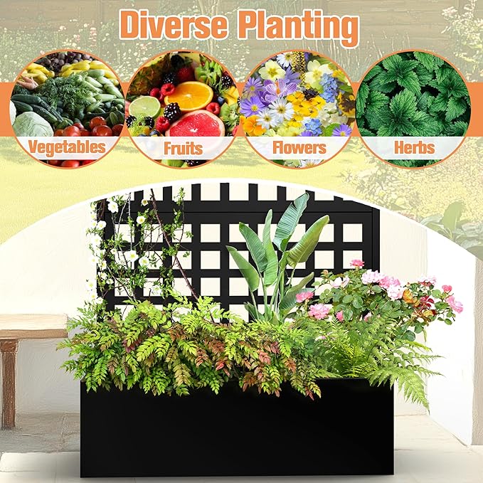 Metal Planter Box with Trellis & Wheels, Raised Garden Bed with Privacy Screen, Outdoor Standing Flower Beds with Drainage Hole for Climbing Plants, Vine, 35" Lx16 Wx71 H
