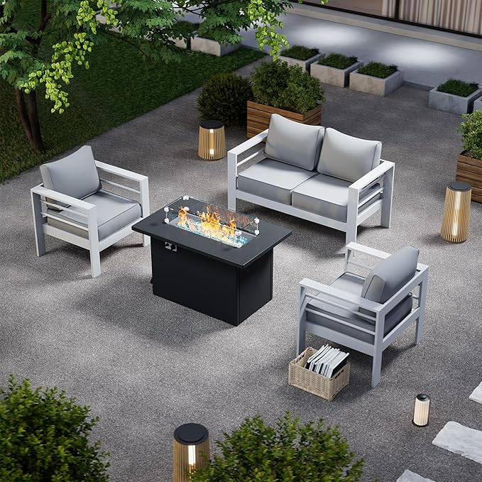 Patio Furniture Set with Fire Pit Table, Aluminum Patio Furniture Set,White Outdoor Metal Sectional Sofa with Aluminum Fire Pit Table for Garden Backyard (Include Waterproof Cover)