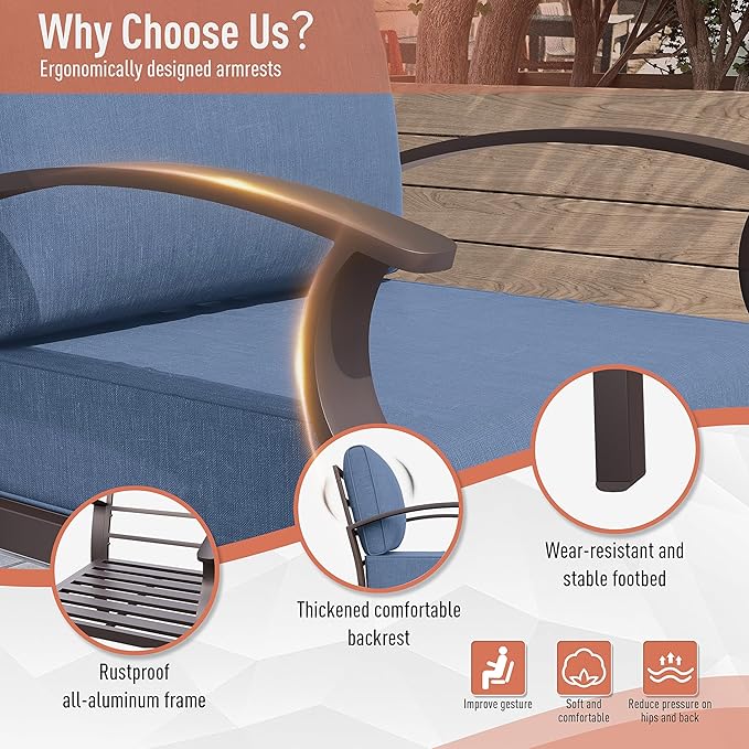 Kurapika Aluminum Patio Furniture Set 10-Seat Modern Metal Outdoor Conversation Sets w/Swivel Rocking Chairs Patio Sectional Sofa w/5.1 Inch Cushion, Navy Blue