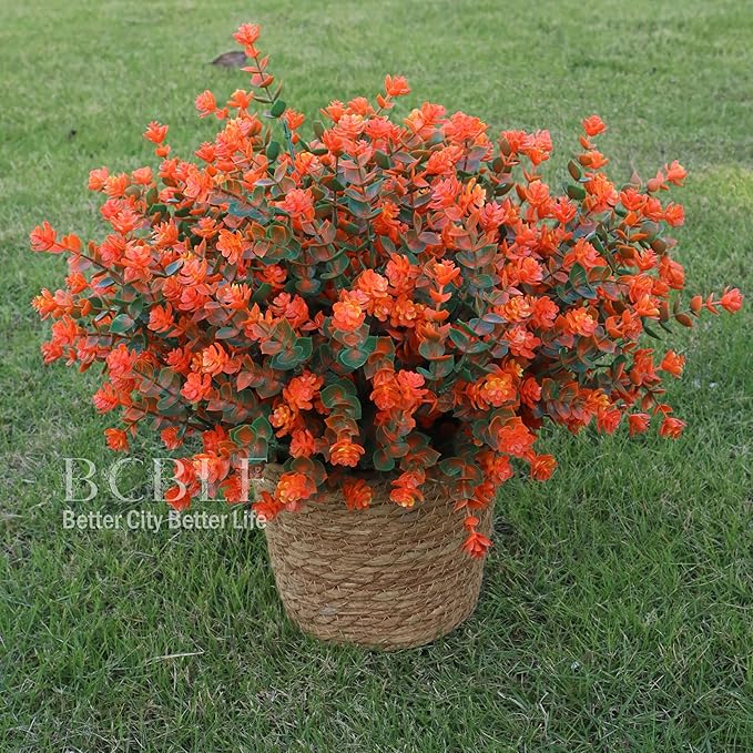 Artificial Flowers for Outdoors, 12 Bundles UV Resistant Realistic Faux Plants for Outside Porch Planter, Spring Summer Home Garden Decoration, Green Orange