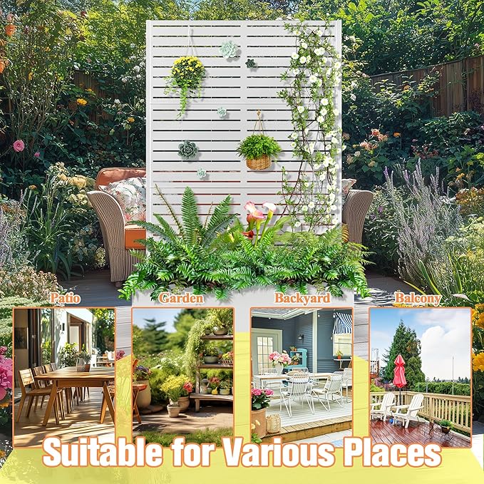 Metal Planter Box with Trellis, Raised Garder Bed with Drainage Hole, Privacy Screen & Trellis for Climbing Plants, Outdoor Plant Stands, 47''L×16''W×71''H, White