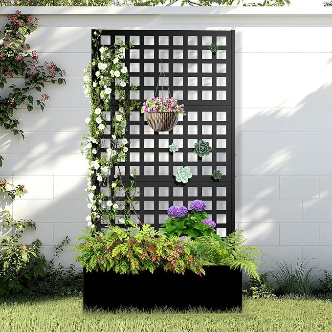 Metal Raised Garden Bed with Trellis, 2 in 1 Trellis with Planter Box & Privacy Screen for Climbing Plants, Vine, Outdoor Standing Flower Beds with Drainage Holes, 35.4"L x 16.7"W x 70.8"H, Black
