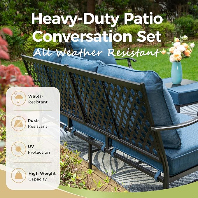 Patio Furniture Set 5 pcs, Outdoor Patio Furniture, 3-Seat Sofa, 2 Swivel Chairs, 2 Ottomans and 5.75" Extra Thick Cushion, Conversation Set for Backyard Deck,Gemstone Blue