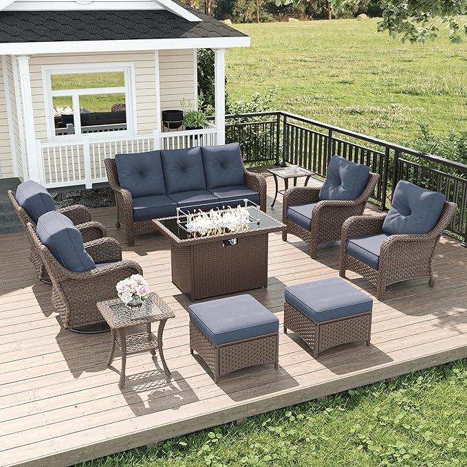 LayinSun 10 Piece Wicker Outdoor Furniture Set with 6-inch Comfy Cushions, High Back Patio Furniture Set with Swivel Rocking Chairs and Fire Pit Table