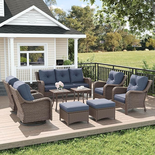 LayinSun 9 Piece Wicker Outdoor Furniture Set with 6-inch Comfy Cushions, High Back Patio Furniture Set with Swivel Rocking Chairs and Side Table