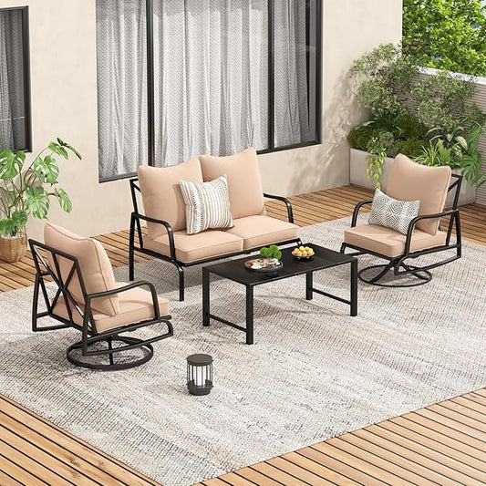 Soohow Patio Furniture Set, 4 Piece Outdoor Patio Furniture Set, 2 x Outdoor Swivel Chair, 1 x 2-Seats Sofa and 1 x Coffee Table, Metal Conversation Set for Porch, Balcony, and Backyard