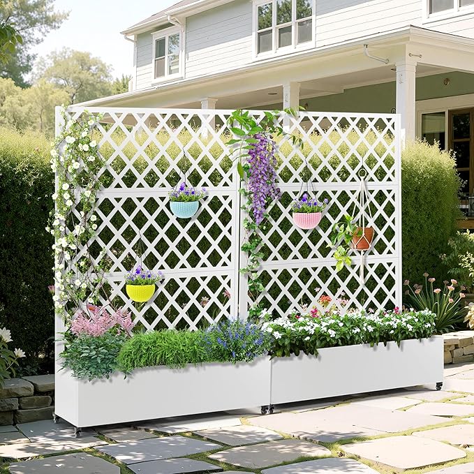 Metal Planter Box with Trellis & Wheels, Raised Garden Bed with Privacy Screen, Outdoor Standing Flower Beds with Drainage Hole for Climbing Plants, Vine, 47.2''L×15.7''W×70.9''H, White