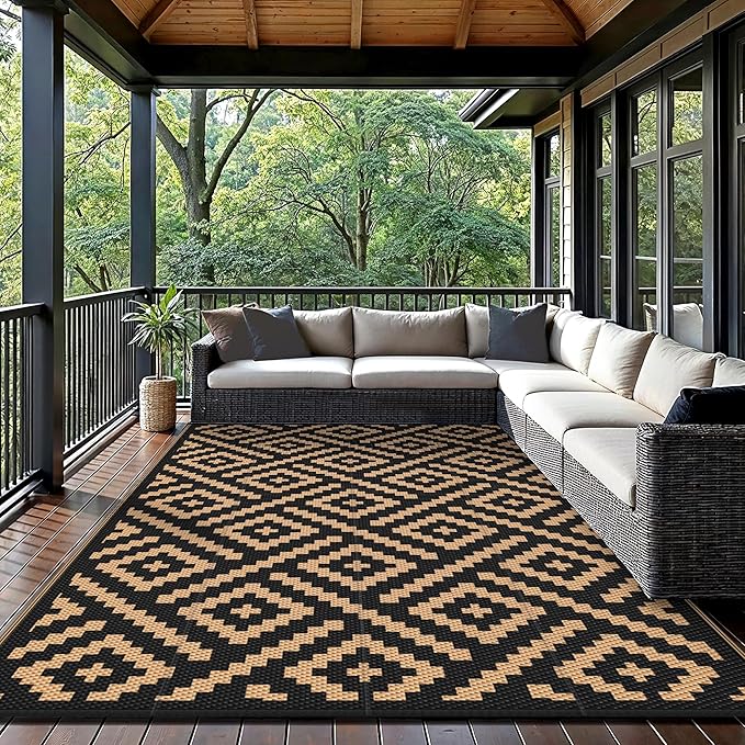GENIMO Outdoor Rugs 8x10 Waterproof, Reversible Mats, Area Plastic Straw Rug, Outside Carpet, Geometric Rv Mat for Patio Camping Rv Picnic Backyard Deck Balcony Porch Beach Trailer (Black & Brown)