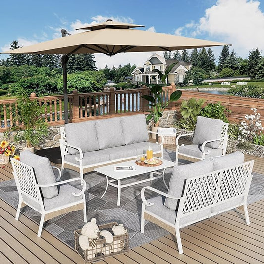 6 Piece Patio Furniture Set, 4 x Fixed Chair, 1 x 3-Seat Sofa with Marbling Coffee Table, 7 Seats Outdoor Conversation Set for Lawn Garden Backyard, Light Gray