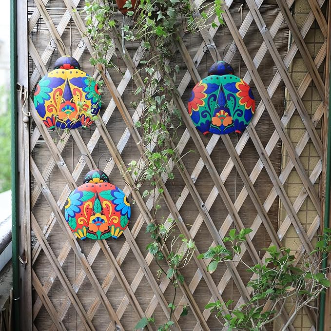 Scwhousi Metal Ladybugs Outdoor Wall Decor,Mexican Pottery Outdoor Decor,Talavera Garden Decoration Hanging for Fence,Yard, Patio,Living Room,Bedroom,Muticolored