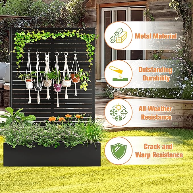 Metal Planter Box with Trellis Raised Garden Bed with Trellis 71"x47"x16", Trellis with Planter Box & Privacy Screen, Metal Planter Box for Climbing Plants, Vegetable, Vines(Black, Louvered)