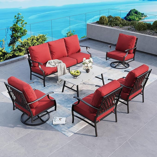 6 Piece Metal Outdoor Patio Furniture Set, Patio Conversation Sets 1 3-Seater Sofa, 2 Swivel Chair, 2 Leg Chair with 5.75" Thick Cushion and Coffee Table, Backyard Furniture Set, Red