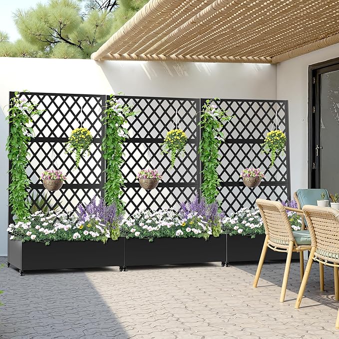 Metal Planter Box with Trellis, Heavy-Duty Raised Garden Bed for Climbing Plants, Drainage Hole, Outdoor Planter Box with Privacy Screen，47''L×16''W×71''H