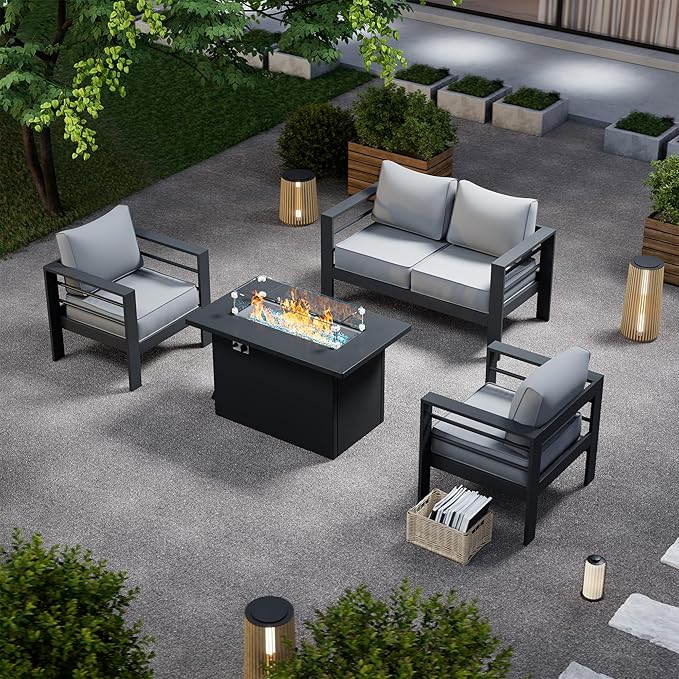 Aluminum Patio Furniture with Fire Pit Table, 5 Piece Outdoor Set, Waterproof Covers for Backyard Garden (Dark Grey & Light Grey)
