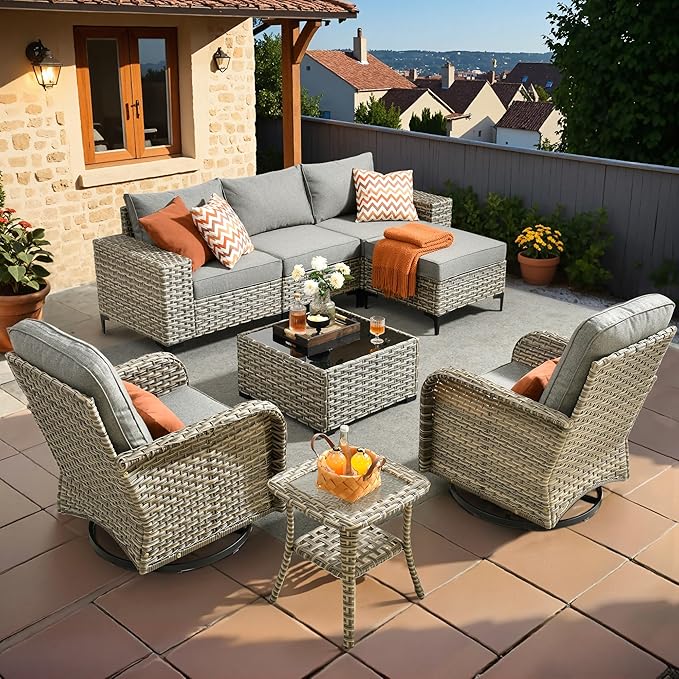 HOOOWOOO Outdoor Sectional Furniture Set,8 Pieces Wicker Patio Conversation Sets,L Shape All Weather Outside Couch Sofa Set with Swivel Chairs Ottoman,Charcoal Gray