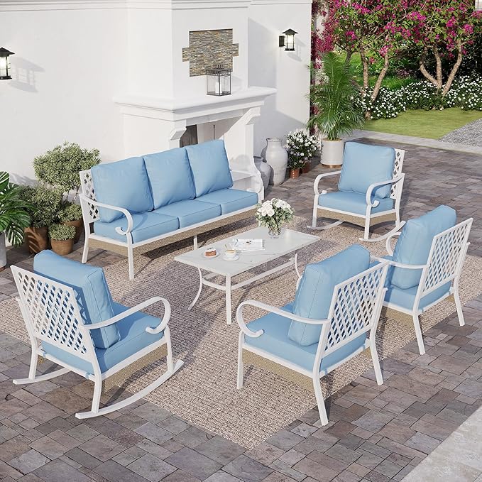 6 Piece Metal Outdoor Patio Furniture Set, Patio Conversation Set 3-Seater Sofa, 2 Fixed Sofa, 2 Rocking Chair with 5.75" Thick Cushion and Coffee Table White Backyard Furniture, Blue