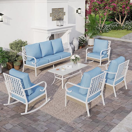6 Piece Metal Outdoor Patio Furniture Set, Patio Conversation Set 3-Seater Sofa, 2 Fixed Sofa, 2 Rocking Chair with 5.75" Thick Cushion and Coffee Table White Backyard Furniture, Blue