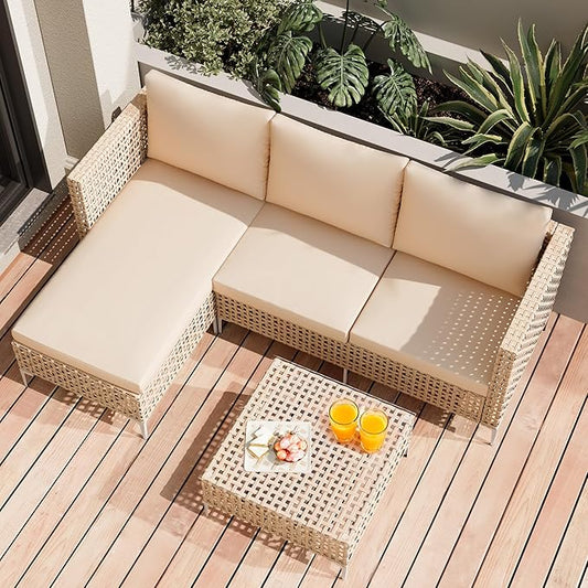 Wicker Small Patio Furinture Set, Rattan Sectional Sofa, Outdoor Couch Set with Comfy All-Weather Cushions and Coffee Table, Perfect for Porch, Backyard, Apartment, Balcony (Yellow/Beige)