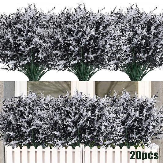 RECUTMS Black Flower,Black Fake Plants Decor,20 Bundles Artificial Flowers Fake Outdoor Plants Faux UV Resistant Lavender Flower Plastic Shrubs Indoor Outside Hanging Decorations (Black+White)